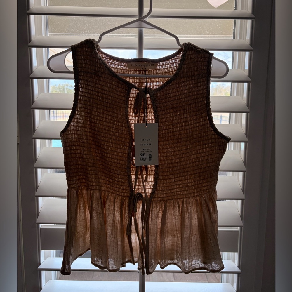 Stitch and Feather Smocked Tie Front Top